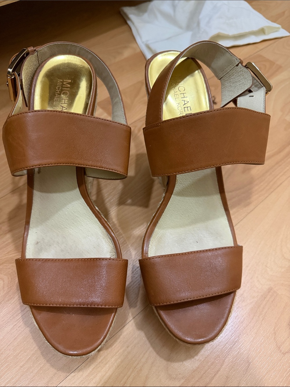 Michael Kors Tan Leather wedge Block Heel Slingback Sandals
